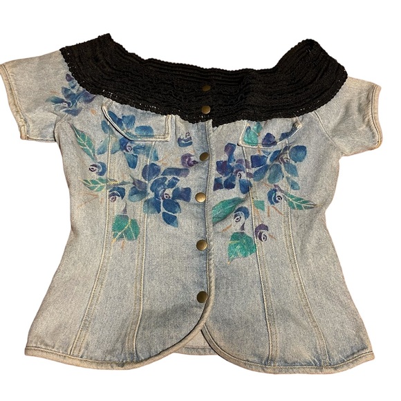 Vintage Denim Handmade Corset Style Repurposed Jeans Top Hand Painted in 80s - Picture 7 of 15